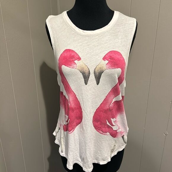 Chaser white cotton muscle tank top with painted flamingos. Large. - Picture 2 of 6